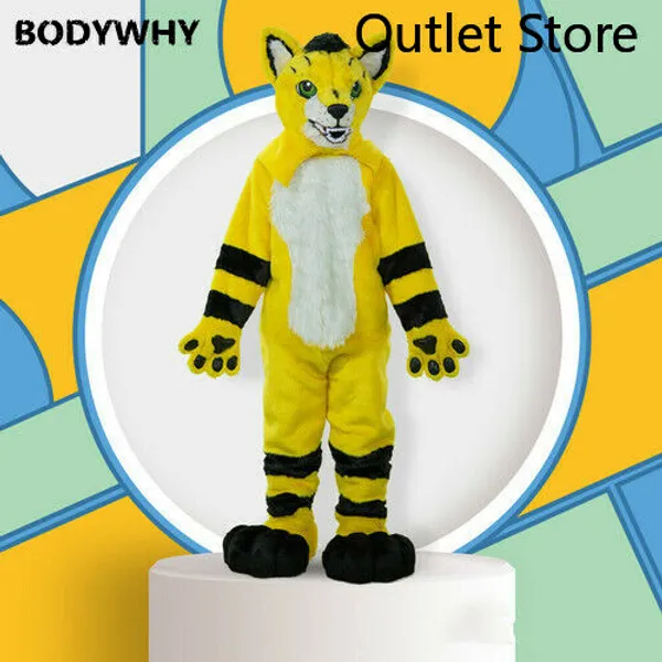 Disfraces de la mascota de pelo largo amarillo Furry Fox Wolf Husky Dog Mascot Costume Fursuit Personaje de dibujos animados para adultos Salón de belleza PARQUE TEMÁTICO