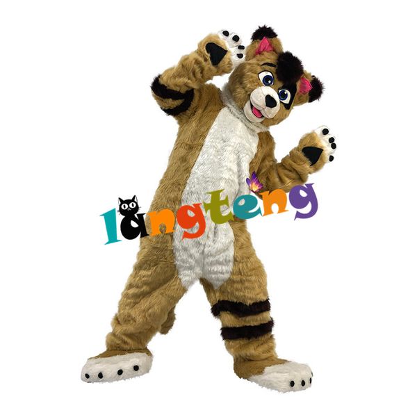 Traje de la muñeca de la mascota 1077 Piel larga Furry Brown Fox Wolf Husky Dog Mascot Costume Fursuit Adulto Cartoon Performn Actuando Atracciones turísticas