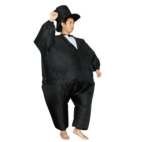 Costume de poupée de mascotte Costume noir Costume gonflable Costumes de gentleman d'Halloween pour homme Blow up Vêtements de jeu de rôle Costume de robe de carnaval adulte