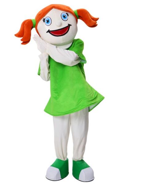 Disfraz de muñeca de mascota Linda cara sonriente niña Disfraz de mascota pelo naranja y vestido verde Personaje de dibujos animados Vestido de fiesta Disfraz para Halloween