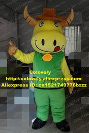 Mascotte costume de poupée Fantaisie Jaune Bovin Taureau Mascotte Costume Mascotte Veau Vache Boeuf Bovini Avec De Grandes Cornes Brunes Vert Vêtements Adulte No.2994 Fre