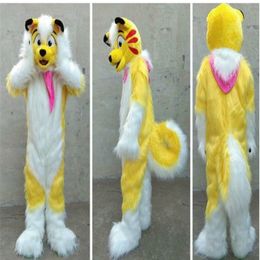 Mascotte poupée costume Halloween Fursuit Jaune Longue Fourrure Husky Renard Chien Renard Costume De Mascotte Costume Animal Unisexe Adulte Partie Jeu Tenue Robe