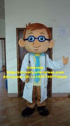 Costume de poupée de mascotte beau médecin médecin médecin homme costume de mascotte avec des cheveux bruns courts lunettes bleu foncé échomètre No.5010