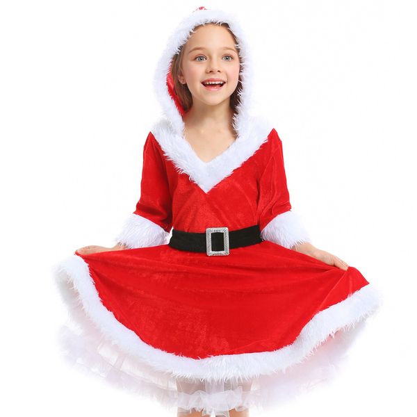 Mascotte costume de poupée Enfants Filles Noël Père Noël À Capuche Velours Robe Ceinture Ensemble Mascarade Enfants Faire semblant De Jouer Costume Tenues