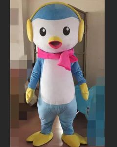 Mascotte poppenkostuum mooie blauwe pinguïn vogel mascotte kostuum met gele headset volwassen maat fancy jurk game verjaardag carnaval feest outfit