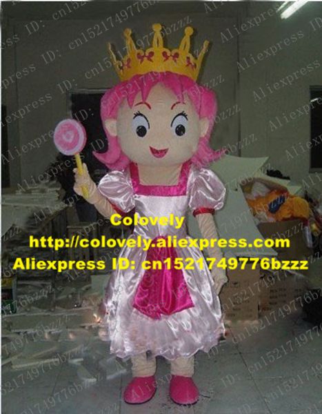 Costume de poupée de mascotte Belle princesse rose Costume de mascotte de fille Mascotte Infanta Rani adulte avec une grande couronne jaune de longs poils roses No.2680 gratuit