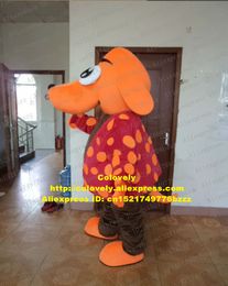 Costume de poupée mascotte joli chien orange chiot toutou mascotte costume déguisement avec chemise rouge orange pantalon long marron grande bouche globe ventre