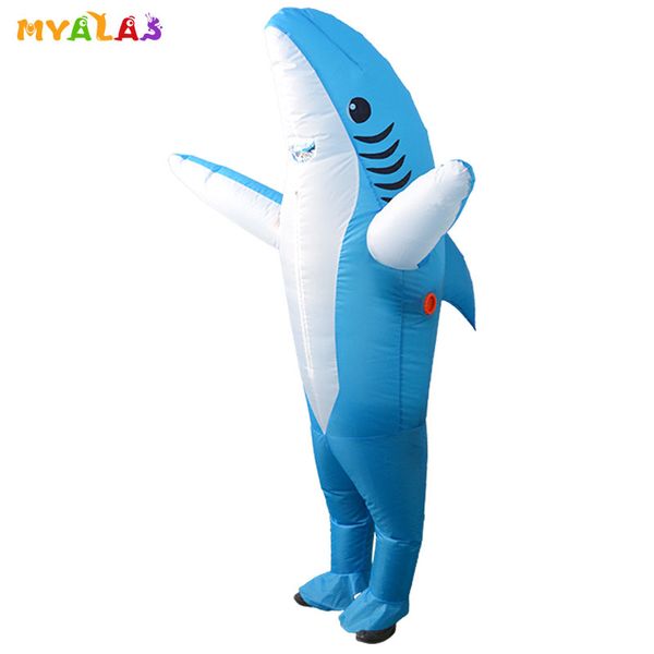 Costume de poupée mascotte Pourim Costume de requin Costumes gonflables de requin Dessin animé Bleu Gris Couleur poisson Vacances Carnaval Fête Drôle Fête Adulte