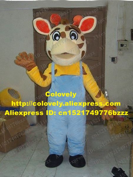 Costume de poupée de mascotte Smart Costume de mascotte de garçon de cerf coloré Mascotte Cameleopard Cerf Girafe avec chemise jaune Salopette bleue Adulte No.2840 F