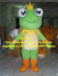 Traje de la muñeca de la mascota Vivid Green Frog Prince Mascot Costume Mascotte Frosch Rana Adult With Small Yellow Crown Big Gray Round Eyes No.2807 Fr