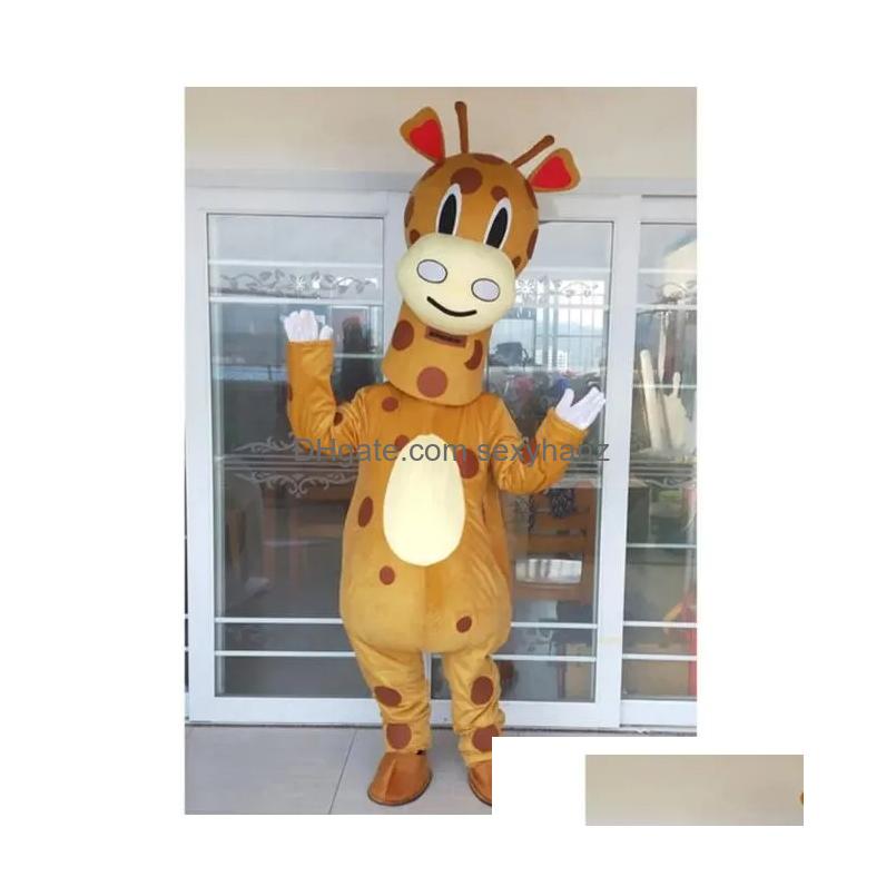 Mascote girafa trajes de desenho animado figura traje animal boneca de boneca corporal flover adt desgaste roupas de roupas mostram adereços de entrega de entrega dhk1u