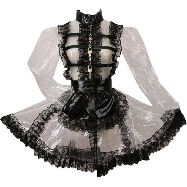 Mascota Sissy Lockable Sexy Pvc Transparente Manga larga Cuello alto Volantes de encaje Perspectiva Vestido de mucama con delantal negro Uniforme Sirviente Cosplay Disfraces de anime