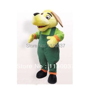 Mascot Suspener broek hondenmascotte kostuum gele puppy met groene overalls mascotte outfit pak mascotte kostuums