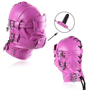 Masker Kap Met Anale Plug Dildo Pu Leer Hoofddeksels Fetish Bdsm Restraint Bondage Sexy Volledig Gesloten Blinddoek Harnas Speelgoed L1