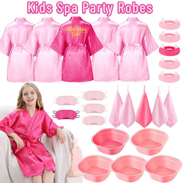 Masques 1/5 sets d'anniversaire fille spa robes Soft Silk Kimino Robe Girls Sleepover Party Favors with Eye Mask Basin Bassin Band Toulet