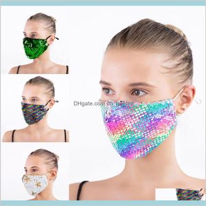 Masques Fournitures de fête de fête Accueil Jardin Bling Paillettes Protection Anti-poussière Lavable Coupe-vent Réutilisation Visage Élastique Boucle D'oreille Bouche Masque Dr