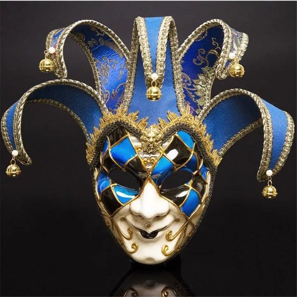 Máscaras de cara completa Hombres Teatro veneciano Jester Joker Mascarada Máscara con campanas Mardi Gras Party Ball Halloween Cosplay Máscara Traje Y20010