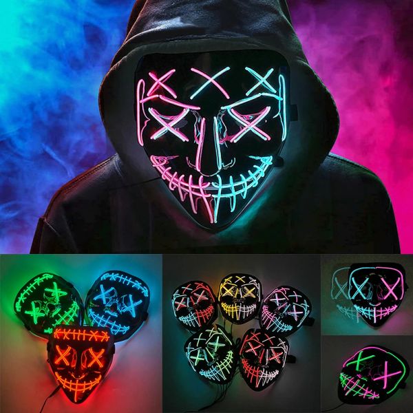 Masques brillants cosplay el wire masque néon effrayant crâne mascarade lumineuse carnaval festive fournitures de fête de fête menée un masque de purge pour Halloween