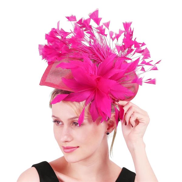 Masques Hot Pink Magnifique Fascinator Chapeau avec clips Femmes élégantes Plumes fantaisie Chapeaux de mariage Accessoires de cheveux de mariée Lady Millinery