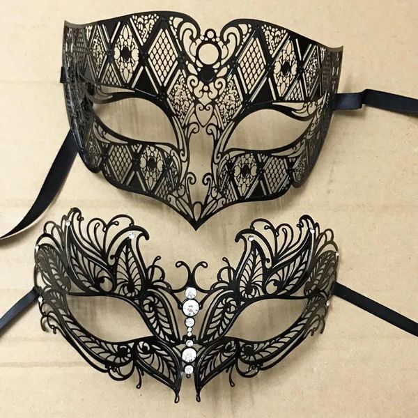 Máscaras Luxury Silver Men amantes Pareja Venetian Party Masks Black Metal Lascut Xmas Show Moster Mask Mask Set Y2