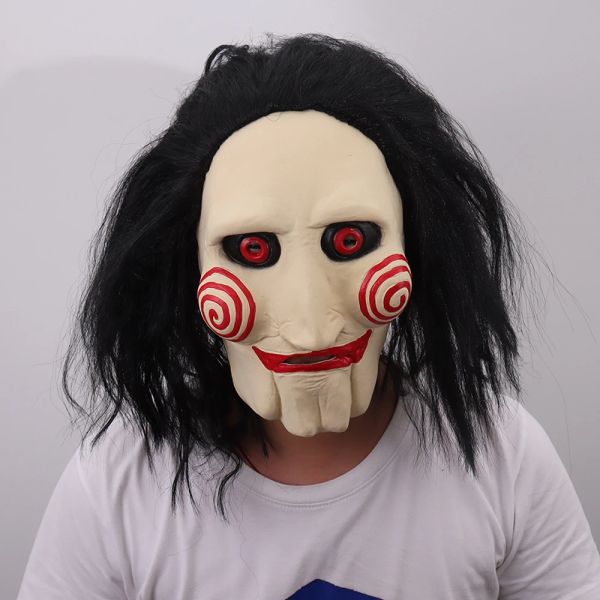 Máscaras Película Saw Saw Chainsaw Massacre Jigsaw Tuping Masks con peluca Látex Látex espeluznante Halloween Horror Scary Mask Unisex Party Prop