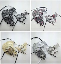 Maskers Feestmaskers Sexy Halloween Horror Zwart Rood Mannen Vrouw Metalen Venetiaanse Maskerade Paar Masker Half Oog Schedel Kostuum Strass Deel