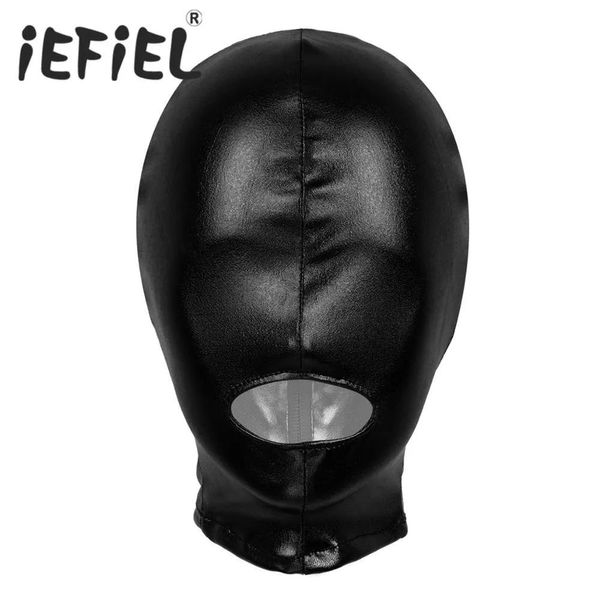 Masques Sexy unisexe hommes femmes Cosplay masque facial latex brillant métallisé bouche ouverte trou couvre-chef masque complet capuche pour costume de jeu de rôle