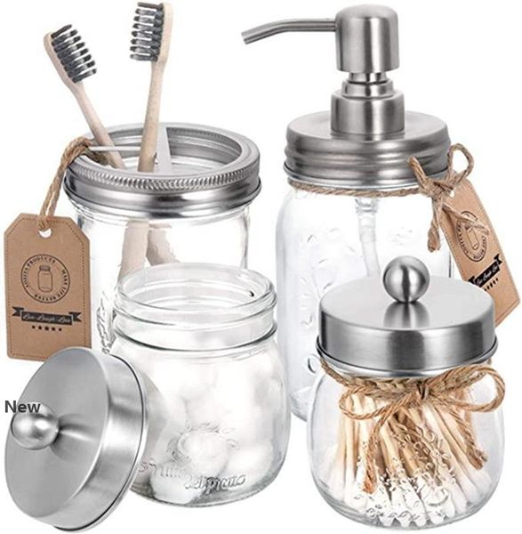 Ensemble de couvercles d'accessoires de salle de bains Mason Jar (4 pièces) - Pot non inclus - Couvercle de distributeur de savon Porte-brosse à dents Couvercles de pots de rangement d'apothicaire IIA154