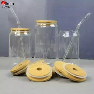 Mason Jar Sublimation Glass Beer Mugs con tapa de bambú Paja DIY Blanks Frosted Clear Shaped Tumblers Cups Transferencia de calor 15oz Cocktail Iced Coffee Soda Whisky CG001