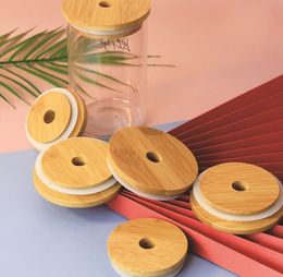 Mason-deksels herbruikbare bamboe caps met stro gat en siliconen zegel voor pottenblik drinken
