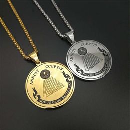 Colliers avec pendentifs maçonniques, œil de la Providence, pour femmes et hommes, couleur or, pièce ronde en acier inoxydable, Hip Hop, bijoux 298a