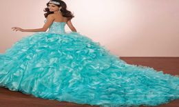 Masquerade Robe de bal cristaux de luxe Princesse Puffy Quinceanera Robes turquoise Ruffles Vestidos de 15 robe avec bolero veste8471095