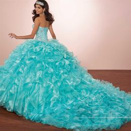 Mascarade Robe De Bal De Luxe Cristaux Princesse Puffy Quinceanera Robes Turquoise Ruffles Vestidos De 15 Robe 2019 avec Bolero ja215J
