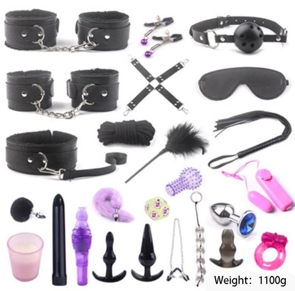 Massage 25pcs Sexy BDSM Bondage Set Gag Handois Gags Whip Ropes Boulanges Claignures de mamelon pour femme Toys sexy pour couples Slave Adulte G8815009