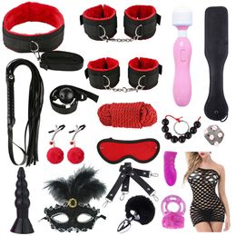 Massage BDSM Kits Handboeien Tepelklemmen Spanking Paddle Volwassenen Speeltjes voor Koppels Sex Metalen Anale Plug Vibrator Slave bondage Set