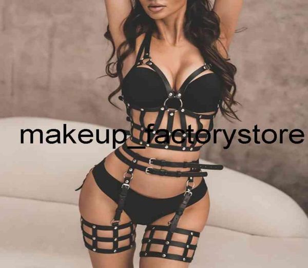 Massage corps Bondage Pu cuir harnais jouets érotique Lingerie ensemble complet femmes jarretière ceinture Lingerie ensembles masque harnais soutien-gorge Goth Acces9050401