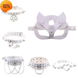 Masaje exótico fetiche Sexy máscara de cabeza blanca con cuello de remache de cuero juegos para adultos accesorios de Cosplay para mujeres Bdsm Bondage juguetes sexuales