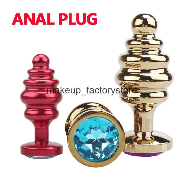 Tapón Anal de Metal dorado para masaje para mujer, joyería sexual para próstata, tapón Anal de cristal, masajeador Anal, cuentas en espiral, hilo de estimulación, dilatador anal