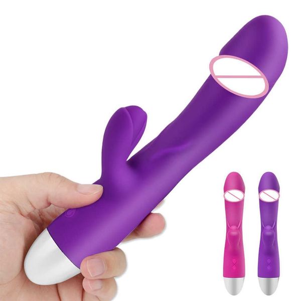 Artículos de masaje Masturbación femenina Consolador Conejo Vibrador Punto G Masajeador Estimulador de clítoris vaginal Doble vibración Juguetes sexuales para Wo324I