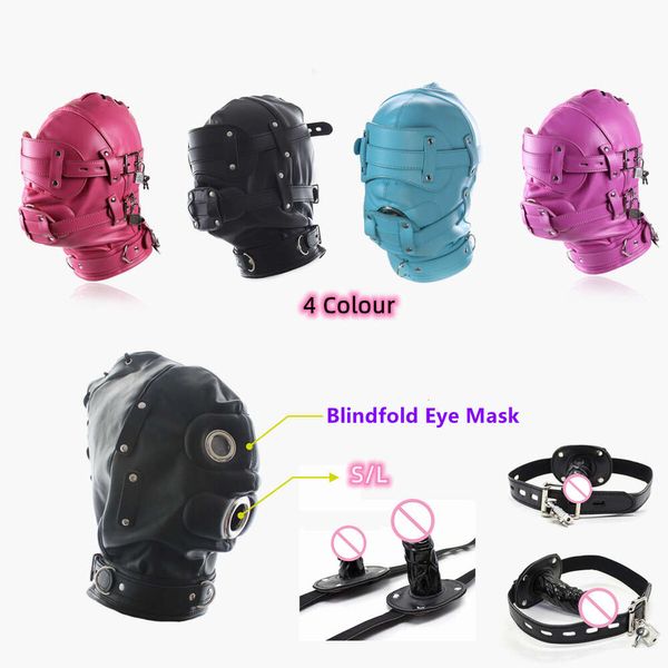 Productos de masaje Bdsm Bondage Headgear Juguetes atractivos de cuero Fetiche con cerradura Capucha con los ojos vendados Máscara con consolador de silicona Mordaza para parejas Juegos SM