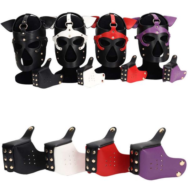 Produits de massage Bdsm Pet Roleplay Ensemble de masque fétichiste à capuche en cuir pour chien et collier de cou en néoprène pour couples chaîne en métal jouet sexy de flirt de traction