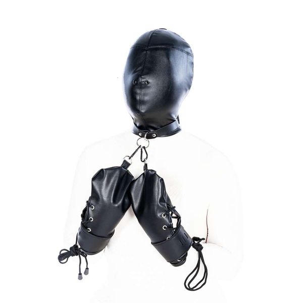 Productos de masaje Bdsm Slave Bondage Juguetes atractivos Conjunto de máscara de capucha con venda de cuero con esposas Guantes para parejas Restricciones Collar Juegos fetichistas