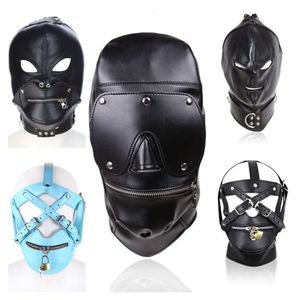 Produits de massage Harnais de tête de bondage en cuir avec bandeau verrouillable, masque d'équitation pour retenue d'esclave Bdsm, capuche fétichiste, jouets sexy pour couples