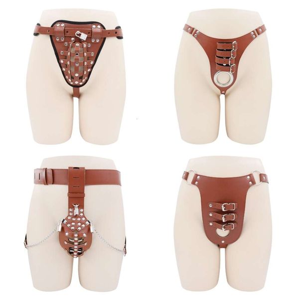 Productos de masaje Hombre Sexyy Cuero Bondage Correa Cinturón Ropa interior de erótica Jaula de castidad ajustable Bragas con anillo de pene para hombres Juguetes atractivos