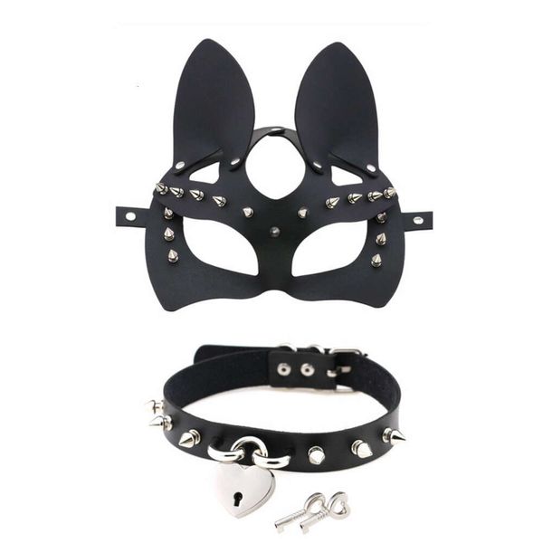 Produits de massage Costumes porno de chat en cuir Halloween Rivet masque fétiche jeu de rôle jouets sexy pour femmes fouet Bdsm Bondage adultes jeux de Cosplay