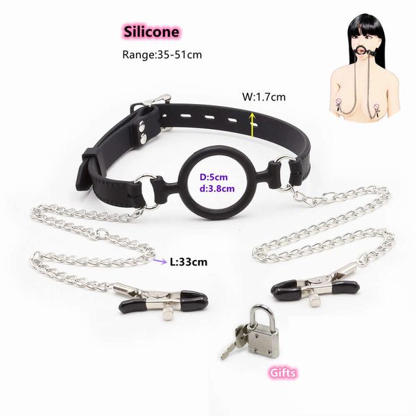 Produits de massage Anneau en silicone Gag Flirter Bouche ouverte avec pince à tétons en chaîne pour les jeux de rôle en couple pendant le Bdsm Équipement de bondage sexy SM Jouets sexy