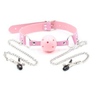 Productos de masaje Slave Cosplay Bdsm Correa de cuero Bondage con bola de mordaza para adultos Juego sexy para pezón Abrazadera para el pecho Clip Cadena Parejas SM Juguetes atractivos