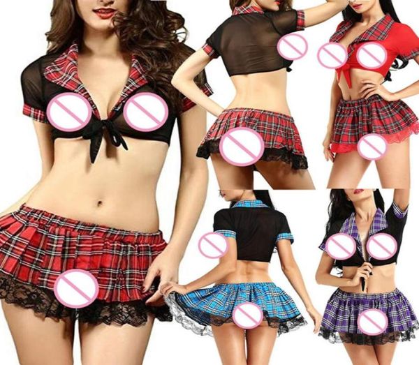 Massage Sexy Lingerie Ensemble étudiant cosplay Femmes Mode Sexy Jupe À Carreaux Sous-Vêtements En Dentelle Ensemble CravateTemptation jeune écolière Un9162074