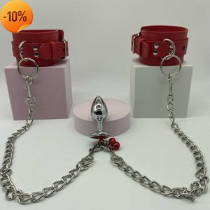 Massage Slave Bondage Sexy verstelbare lederen handboeien met metalen ketting Anale parelplug voor koppels BDSM Volwassenen Sex Games Erotische set