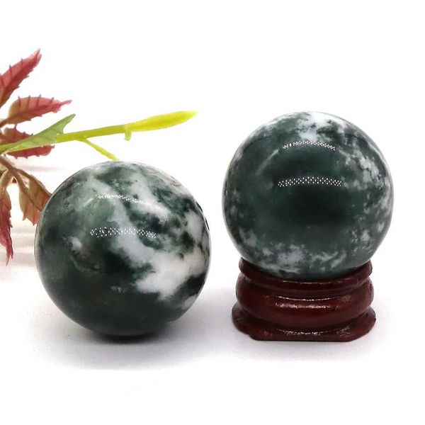 Massage Stones Rocks 30 mm Stone Natural Green Moss Agate Reiki guérison Crystal Polished Globe Chakra Massage Ball Home Decoration avec support 2445